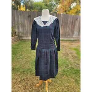 Laura Ashley Vintage Drop Waist Dress Size 8 Blue Green Plaid Tartan Wool Lace